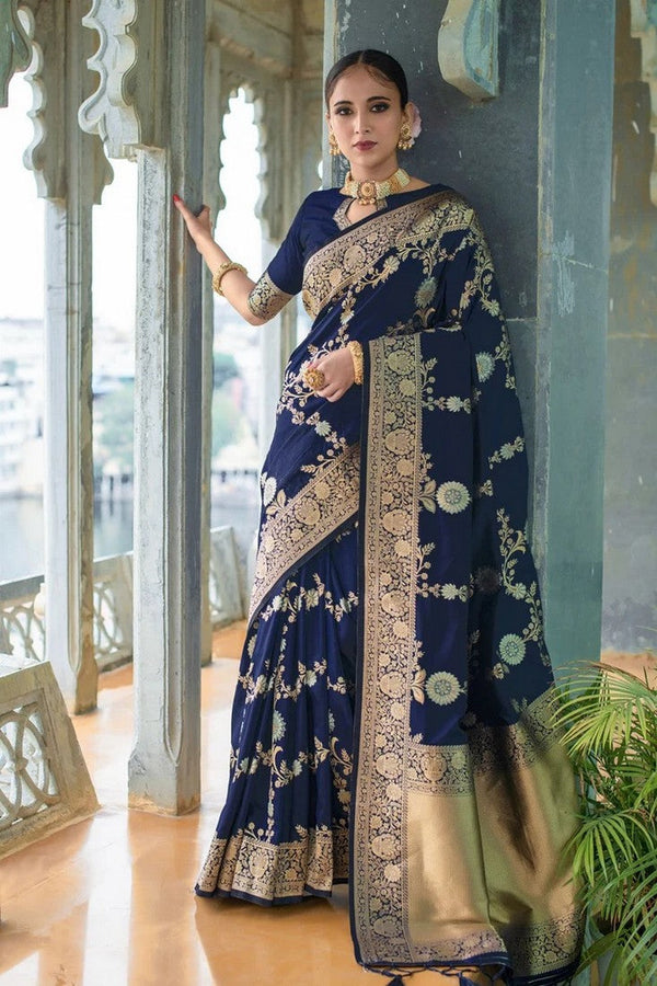 Ideal Navy Blue Color Silk Fabric Partywear Saree