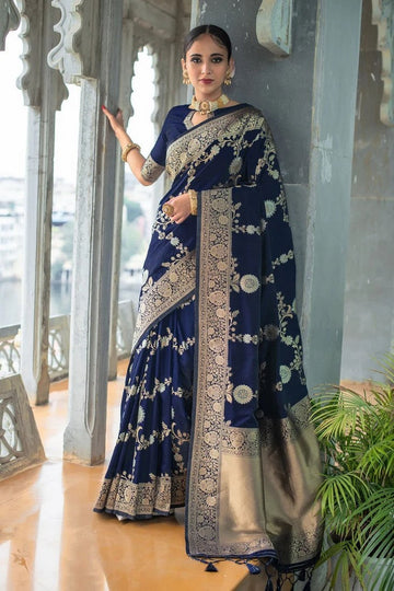 Ideal Navy Blue Color Silk Fabric Partywear Saree