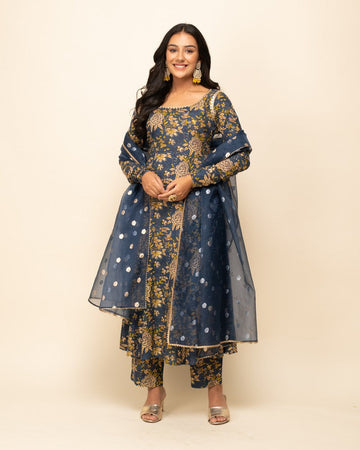 Dazzling Navy Blue Color Cotton Fabric Designer Suit