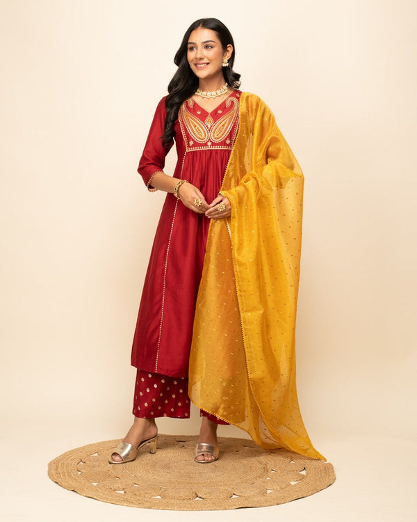 Dazzling Red Color Silk Fabric Designer Suit