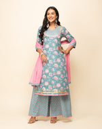 Dazzling Aqua Color Cotton Fabric Designer Suit