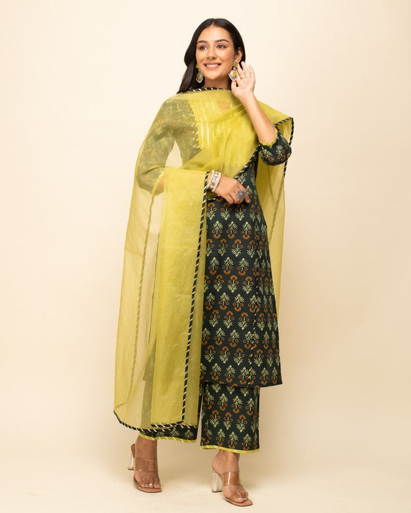 Dazzling Green Color Cotton Fabric Designer Suit