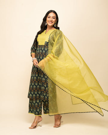 Dazzling Green Color Cotton Fabric Designer Suit