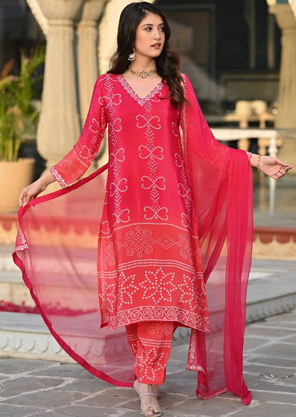 Beauteous Red Color Chinon Fabric Designer Suit