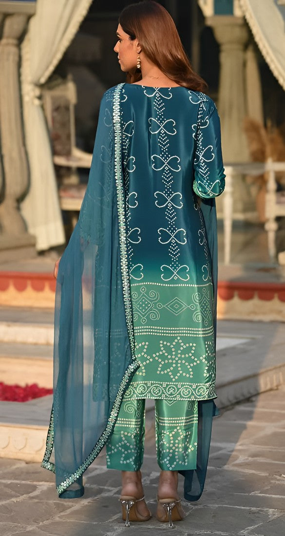 Beauteous Teal Color Chinon Fabric Designer Suit