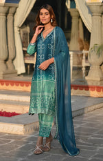 Beauteous Teal Color Chinon Fabric Designer Suit