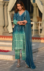 Beauteous Teal Color Chinon Fabric Designer Suit