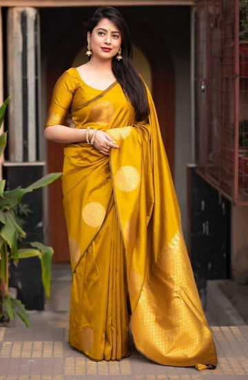 Grand Yellow Color Silk Fabric Partywear Saree