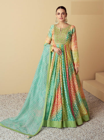 Tasteful Multi Color Muslin Fabric Gown