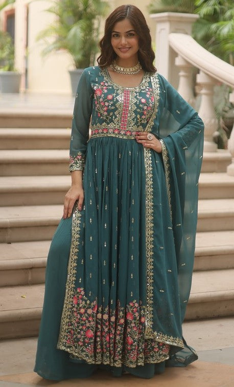 Beauteous Teal Color Georgette Fabric Sharara Suit