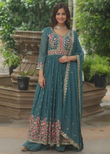 Beauteous Teal Color Georgette Fabric Sharara Suit