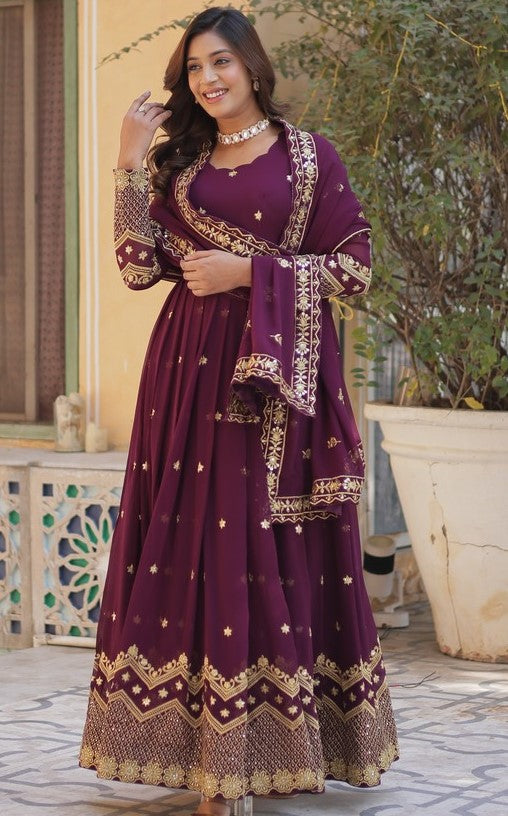 Beauteous Wine Color Georgette Fabric Gown