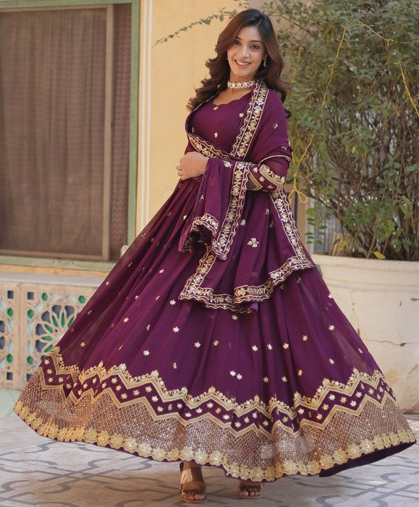 Beauteous Wine Color Georgette Fabric Gown