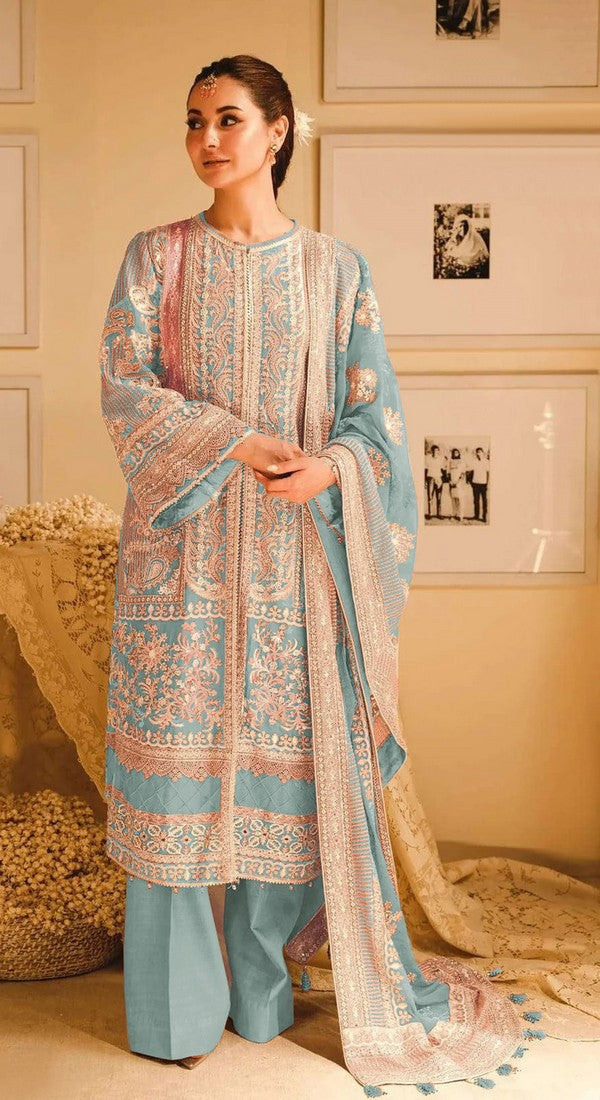 Tasteful Aqua Color Georgette Fabric Partywear Suit