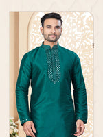 Amazing Teal Color Art Silk Fabric Kurta Pajama