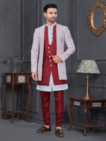 Amazing Maroon Color Rayon Fabric Mens Indowestern