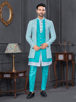 Amazing Turquoise Color Rayon Fabric Mens Indowestern