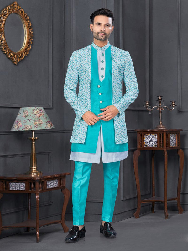 Amazing Turquoise Color Rayon Fabric Mens Indowestern