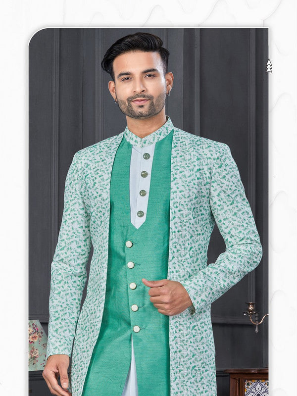 Amazing Green Color Rayon Fabric Mens Indowestern