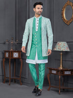 Amazing Green Color Rayon Fabric Mens Indowestern