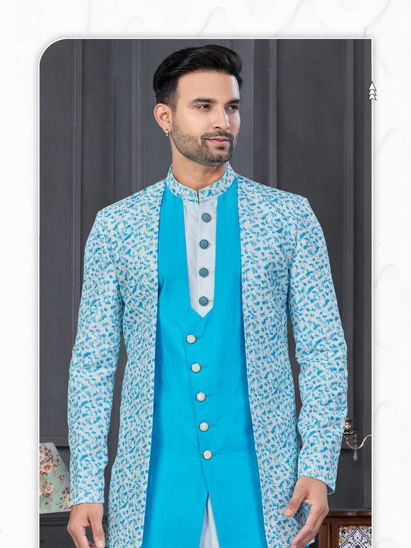 Amazing Blue Color Rayon Fabric Mens Indowestern