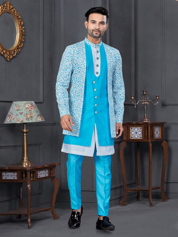 Amazing Blue Color Rayon Fabric Mens Indowestern