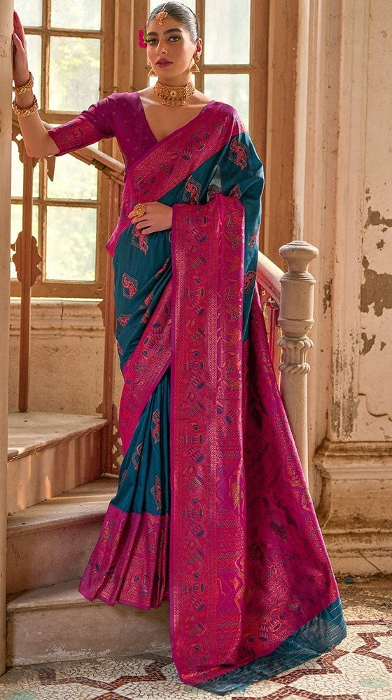 Amazing Teal Color Banarasi Fabric Partywear Saree