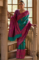 Amazing Teal Color Banarasi Fabric Partywear Saree