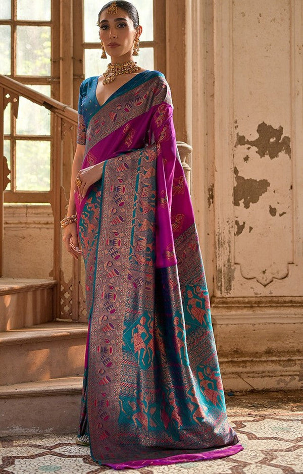 Amazing Wine Color Banarasi Fabric Partywear Saree