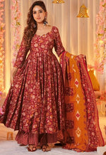 Striking Maroon Color Muslin Fabric Gown