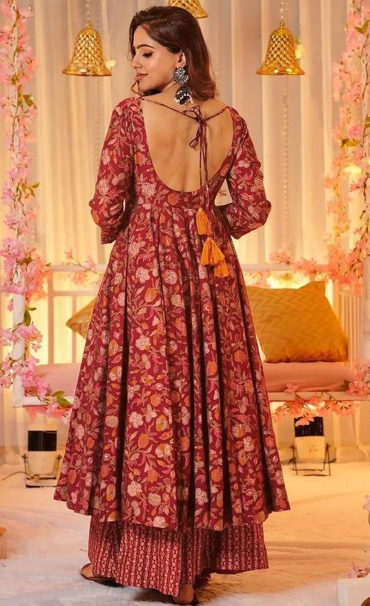 Striking Maroon Color Muslin Fabric Gown