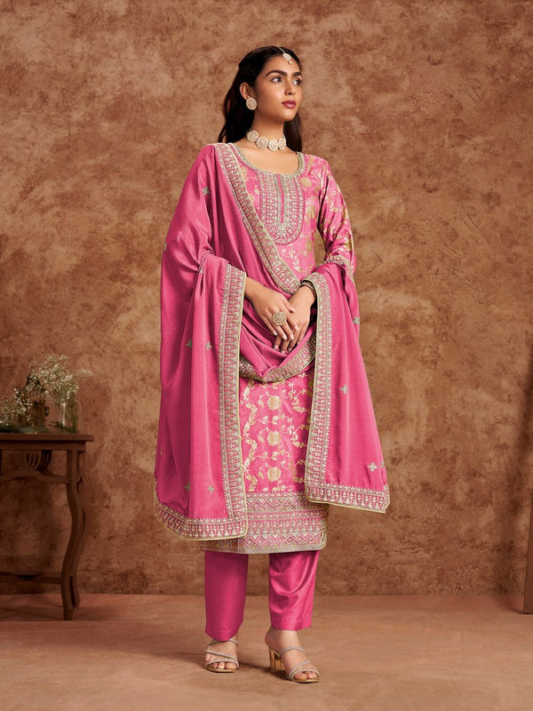 Tasteful Pink Color Silk Fabric Designer Suit