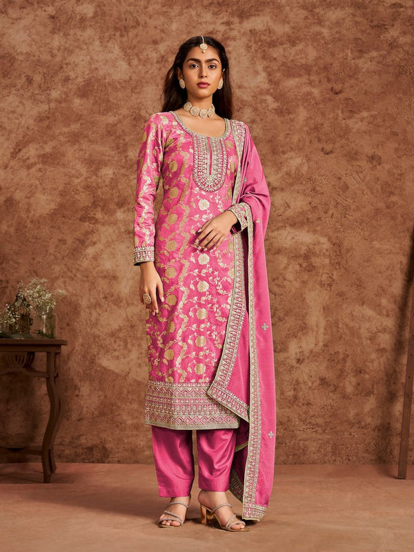 Tasteful Pink Color Silk Fabric Designer Suit