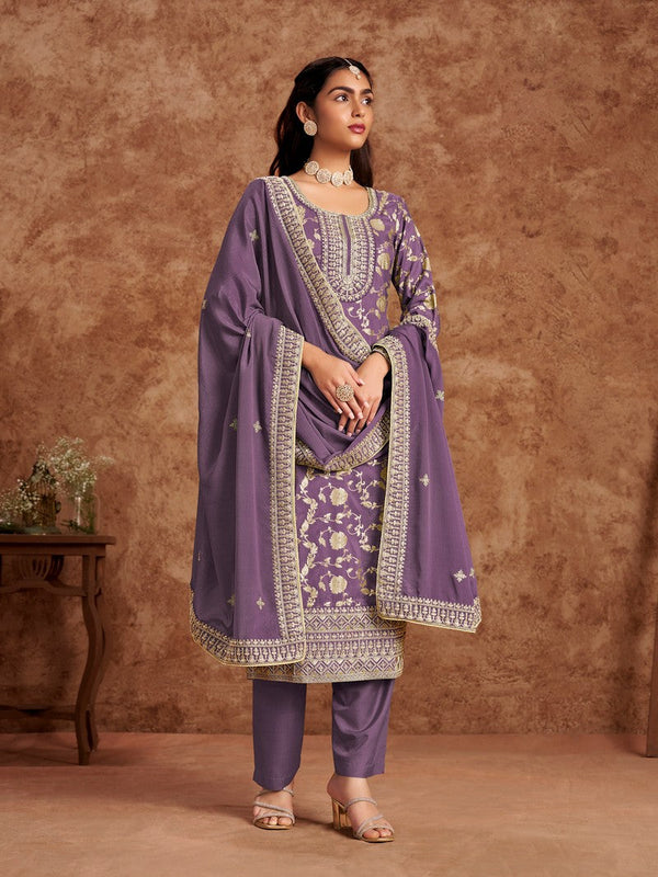 Tasteful Purple Color Silk Fabric Designer Suit