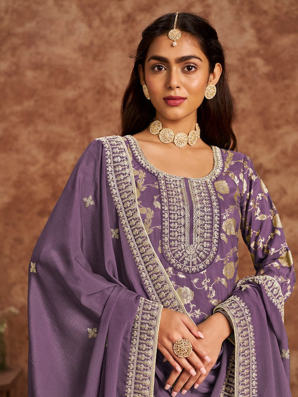 Tasteful Purple Color Silk Fabric Designer Suit