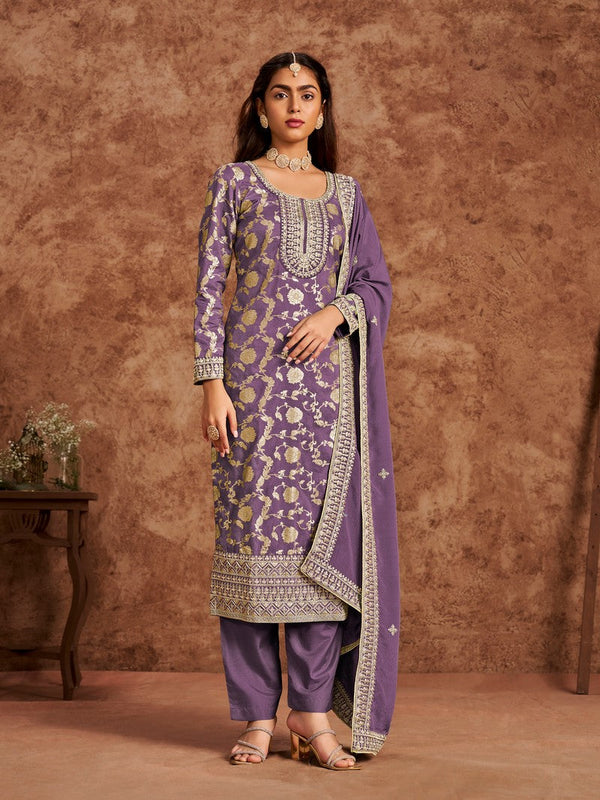 Tasteful Purple Color Silk Fabric Designer Suit