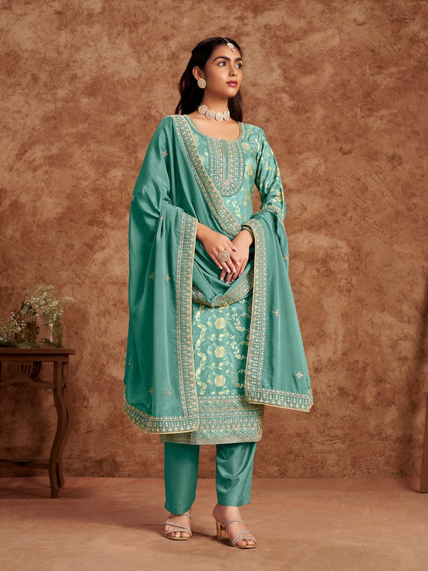 Tasteful Turquoise Color Silk Fabric Designer Suit