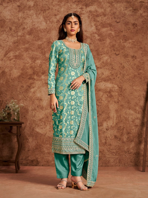 Tasteful Turquoise Color Silk Fabric Designer Suit