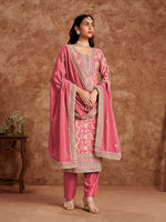 Tasteful Peach Color Silk Fabric Designer Suit