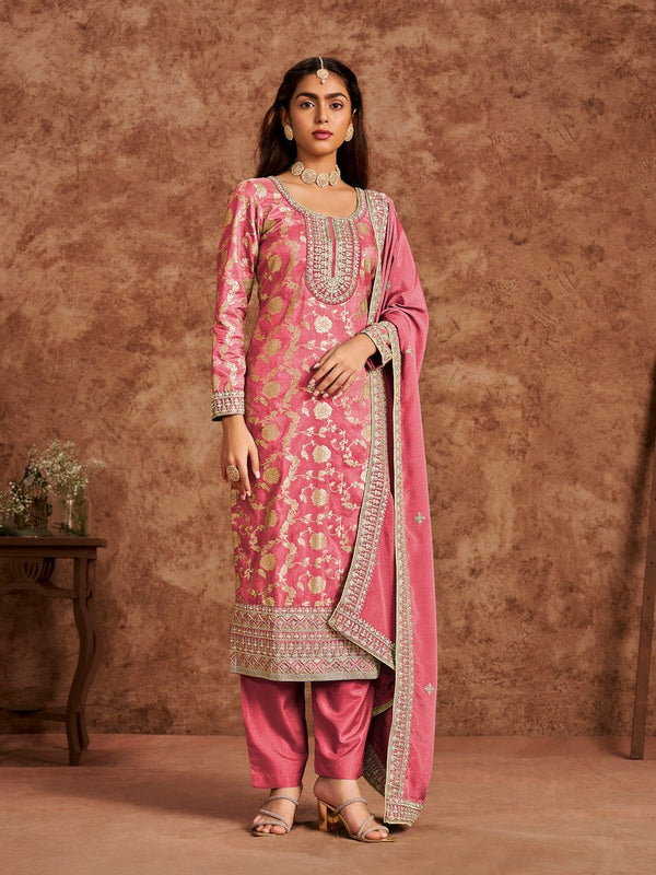 Tasteful Peach Color Silk Fabric Designer Suit