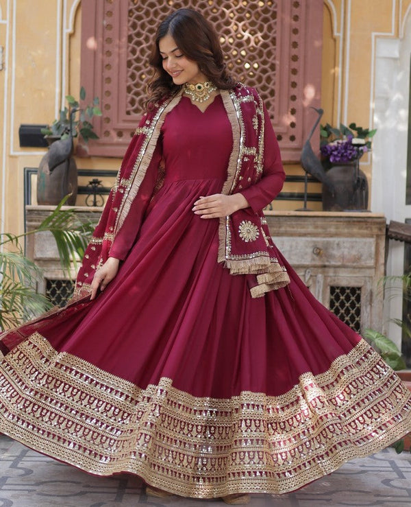 Striking Maroon Color Georgette Fabric Gown with Dupatta