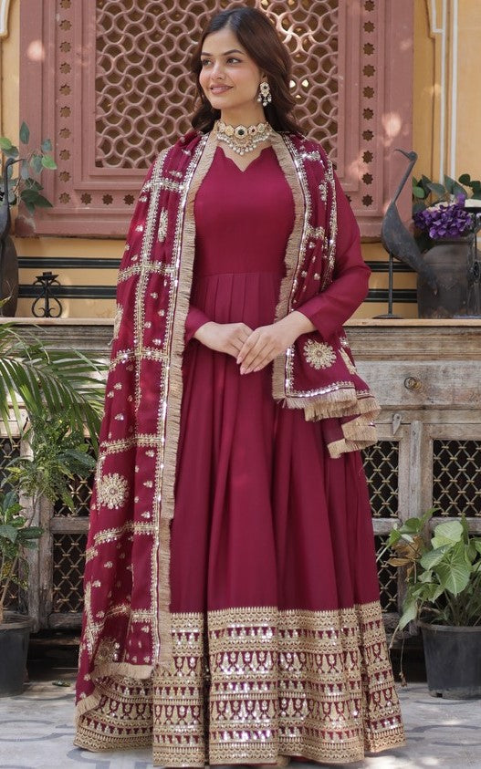 Striking Maroon Color Georgette Fabric Gown with Dupatta