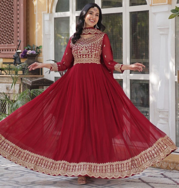 Striking Maroon Color Blooming Fabric Gown