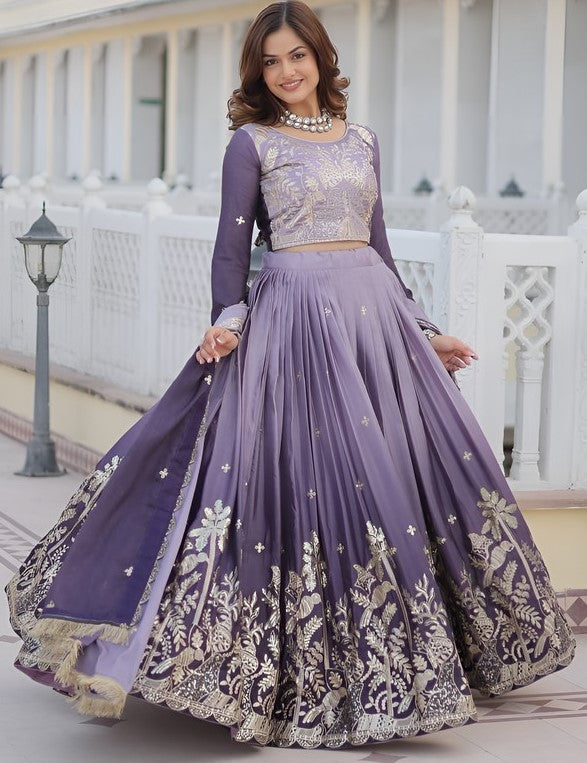 Dazzling Blue Color Chinon Fabric Party Wear Lehenga