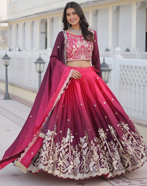 Dazzling Pink Color Chinon Fabric Party Wear Lehenga