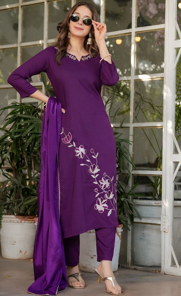 Dazzling Purple Color Rayon Fabric Designer Suit