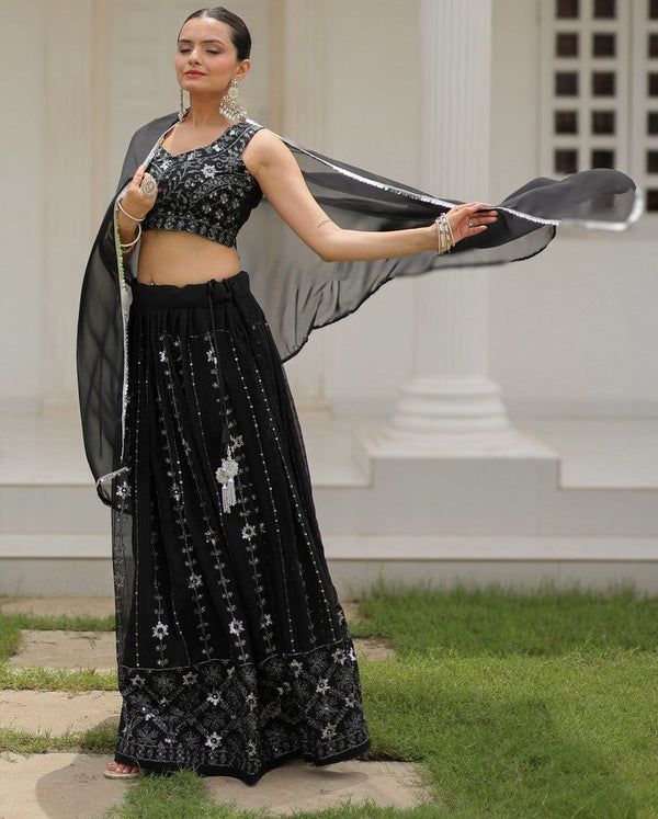 Dazzling Black Color Georgette Fabric Party Wear Lehenga