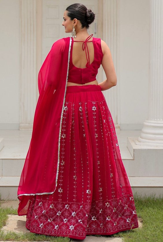 Dazzling Red Color Georgette Fabric Party Wear Lehenga