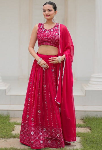 Dazzling Red Color Georgette Fabric Party Wear Lehenga