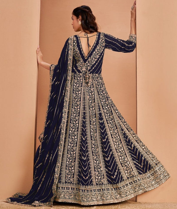 Tasteful Navy Blue Color Georgette Fabric Gown